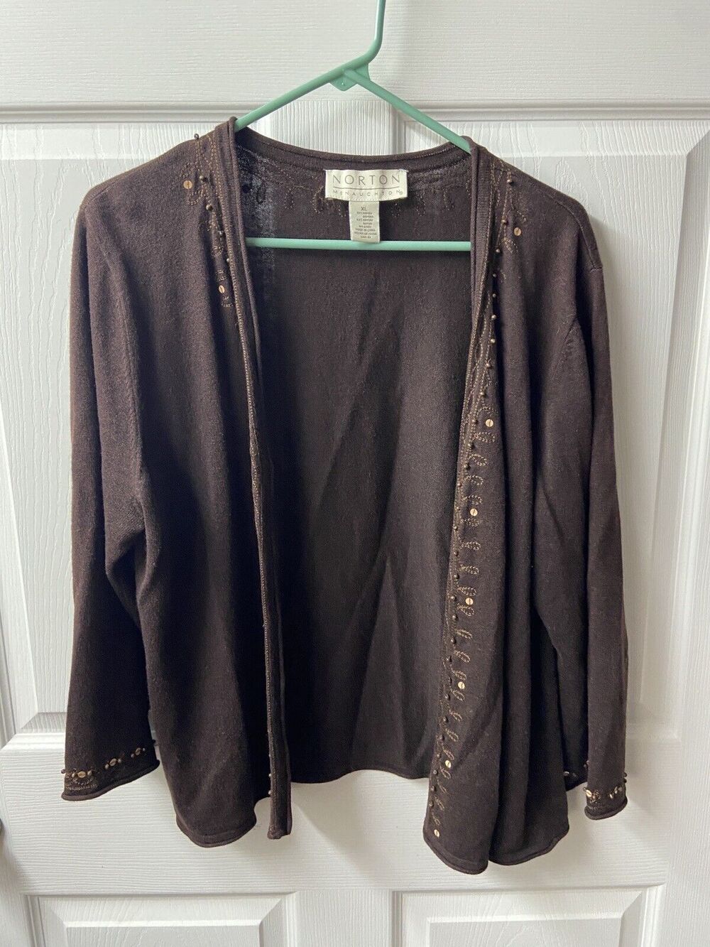 Norton McNaughton Sweater Womens XL Beaded Brown Open Front Ramie Blend Cardigan